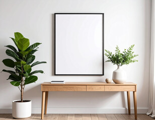 Modern minimalist interior featuring a blank framed poster, a wooden console table, and potted plants.