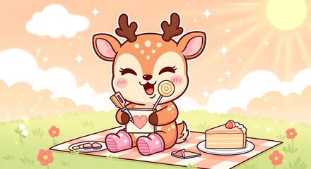 Adorable deer enjoying a sunny picnic while drawing a heart, amidst snacks and smiles
