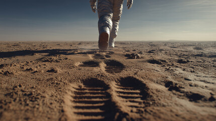 An astronaut walking on the surface of a planet, leaving footprints behind as they explore
