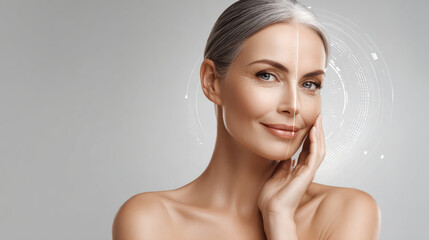 Beautiful senior woman showcasing the effects of anti-aging skincare treatments for a youthful glow.