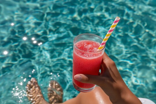 Refreshing summer drink held by woman by poolside with vibrant blue water