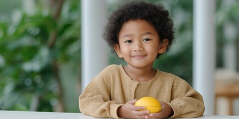 Young asian child smiling indoors holding yellow ball
