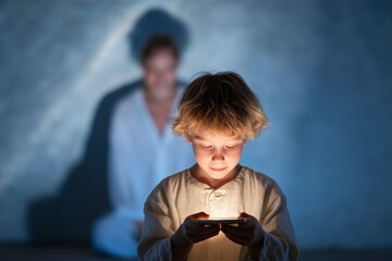 Young caucasian child engaged with smartphone in dimly lit room