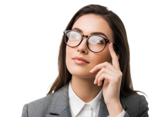 Portrait of a woman wearing glasses and a gray jacket looking up against a black background