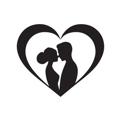 Black silhouette couple artistically framed within a heart shape. 