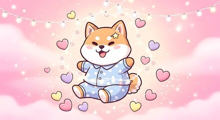 Adorable shiba inu puppy wearing pajamas amidst a dreamy backdrop of hearts and soft light