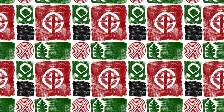 Abstract geometric seamless pattern with red green black elements and symmetrical design