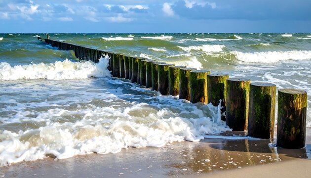 Powerful waves crashing against a line of wooden groynes on a sandy beach.