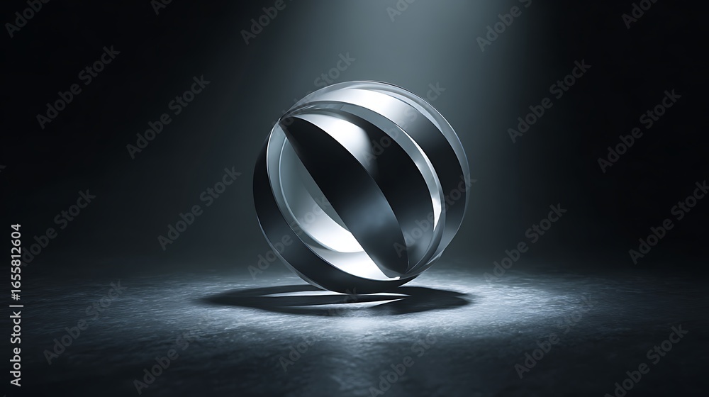Poster a shiny metallic sphere with a modern design, featuring geometric shapes and a round structure, illu