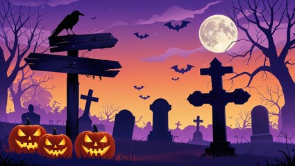 A spooky Halloween graveyard scene at twilight, featuring glowing jack-o'-lanterns, silhouetted gravestones, a crow on a signpost, and bats flying under a full moon.