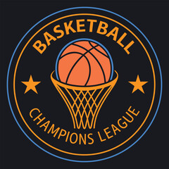 Basketball Champions League Emblem with Ball in Hoop and Stars on Dark Background logo sport
