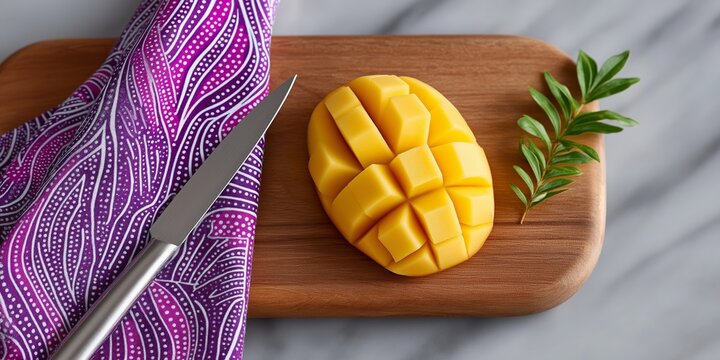 Diced mango on wooden board with knife and purple cloth on marble surface