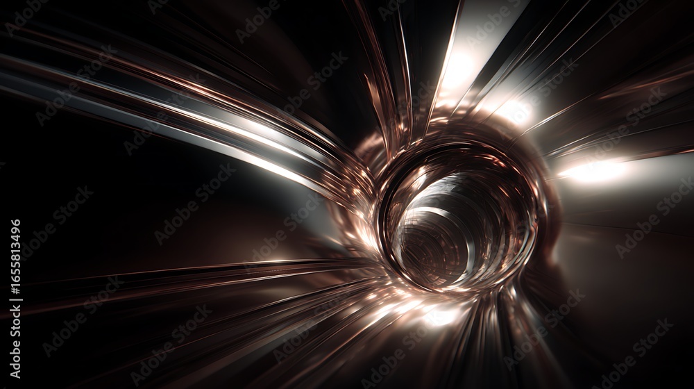 Poster abstract tunnel with metallic texture and light streaks, creating a sense of depth and speed, suitab