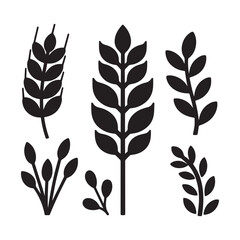 Set of black silhouette wheat ears icons in vector format. 
