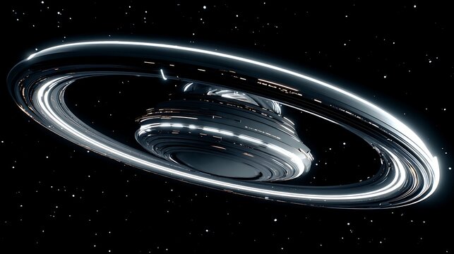 Futuristic space station with ring orbit in dark space, a science fiction concept of exploration and travel through the universe and galaxy