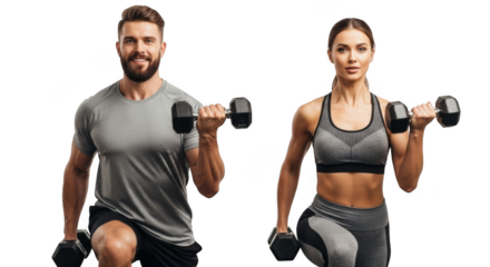 Fit couple performing dumbbell lunges exercising together isolated on transparent background