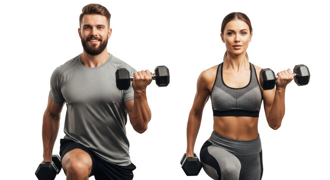 Fit couple performing dumbbell lunges exercising together isolated on transparent background
