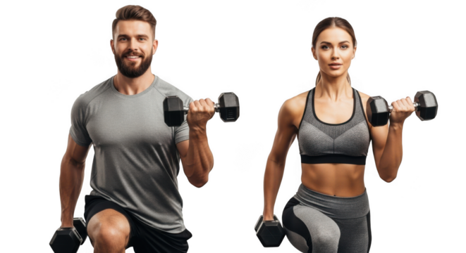 Fit couple performing dumbbell lunges exercising together isolated on transparent background - Powered by Adobe