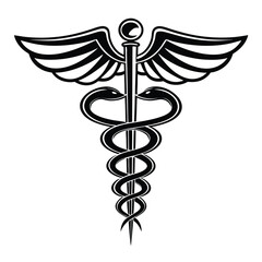 Black Caduceus Medical Symbol with Wings and Two Snakes on White healthcare medicine