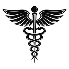 Black Caduceus Medical Symbol with Wings and Two Snakes on White healthcare medicine