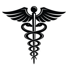 Black Caduceus Symbol with Wings and Two Snakes on White Background medical symbol healthcare