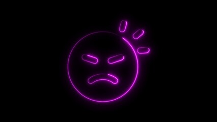 Illuminated angry emoji design with glowing purple neon light against a dark black backdrop