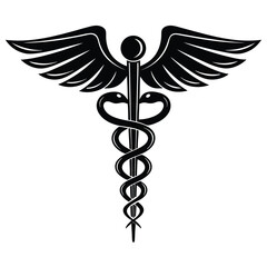 Black Caduceus Symbol with Wings and Two Snakes on White Background medical symbol healthcare
