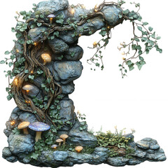 Enchanted fantasy forest archway with glowing mushrooms and ivy overgrown stone ruins a whimsical magical scene isolated on transparent background