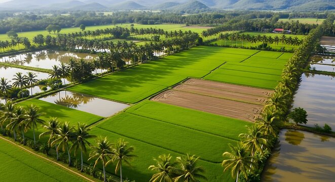 Aerial view of a patchwork agricultural landscape with green fields and brown crops - Powered by Adobe