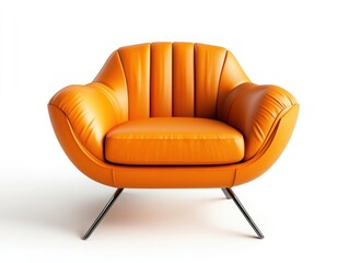 Stylish orange leather armchair with channel tufting and modern metal legs