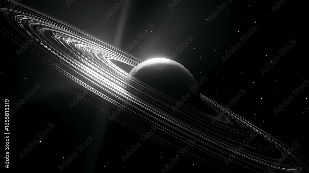 Poster abstract depiction of a planet with glowing rings in outer space, creating a cosmic and celestial vi