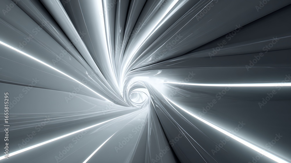 Poster futuristic tunnel with bright light at the end, creating a sense of movement and speed, ideal for te