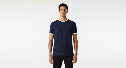Front view of a young man wearing a classic navy blue ringer t-shirt with white trim, standing confidently against a clean white background. Ideal for fashion, apparel, and lifestyle concepts.