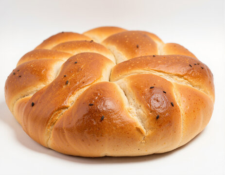 Braided bread, round loaf, golden crust, soft texture, white background, appetizing look