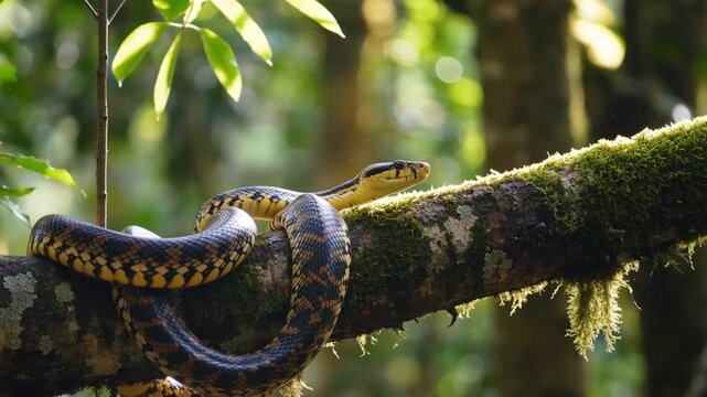 A brightly colored snake coils around a tree branch, resting quietly yet warily, reflecting both the beauty and danger present in the mysterious tropical forest