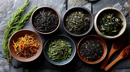Assortment of Fresh Herbs and Spices in Various Bowls on a Dark Stone Surface