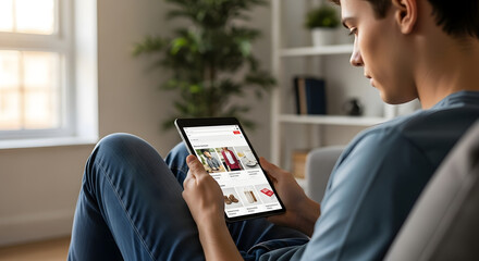 Young man engrossed in online shopping on a tablet while relaxing at home, exploring fashion, home decor, and technology with seamless integration, showcasing modern lifestyle and digital consumerism