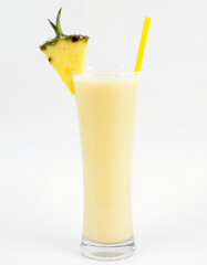 Tall glass, yellow straw, pineapple slice, creamy drink, tropical, refreshing, isolated