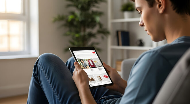 Young man engrossed in online shopping on a tablet while relaxing at home, exploring fashion, home decor, and technology with seamless integration, showcasing modern lifestyle and digital consumerism