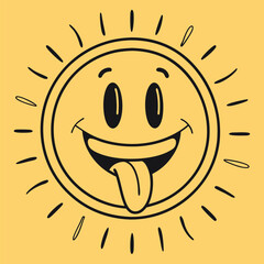 Cartoon sun with a happy face and tongue sticking out on yellow background smiley