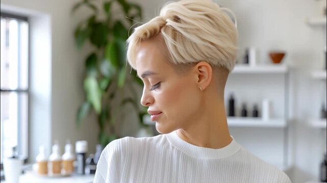 Hairdresser showing pixie haircut from behind, inside a luminous hair salon with shelves full of hair products