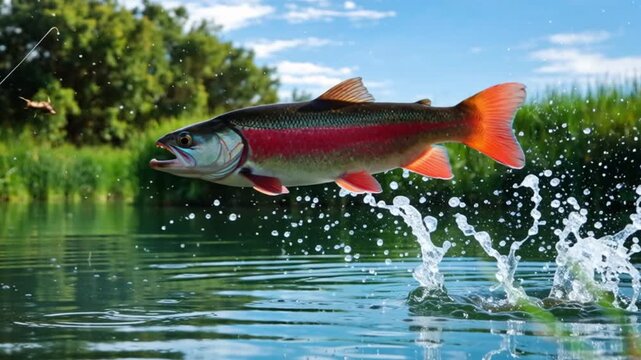 A trout jumps from the clear water on the edge of a natural river surrounded by lush green grass, showing the beauty of the wild nature that is still preserved with the beauty of aquatic life.