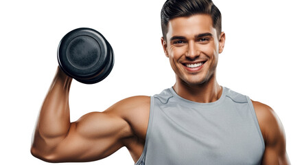 Smiling muscular man lifting a dumbbell showing bicep isolated on transparent background