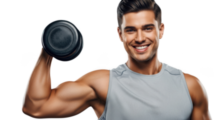 Smiling muscular man lifting a dumbbell showing bicep isolated on transparent background