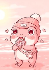 Cartoon frog eating donut at the beach with love hearts and soft pink aesthetic vibe