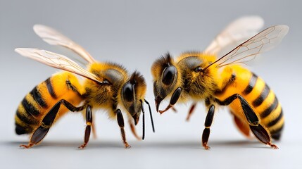 Close-Up of Two Honeybees Engaged in Pollination with Vibrant Yellow and Black Stripes