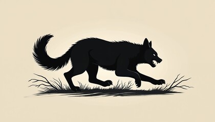Black wolf silhouette illustration in dynamic running pose. Features clean lines, bold design, monochromatic palette, suitable for branding graphic elements. Minimalist style emphasizes sleek animal