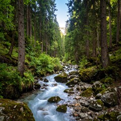 Forest stream flowing through trees