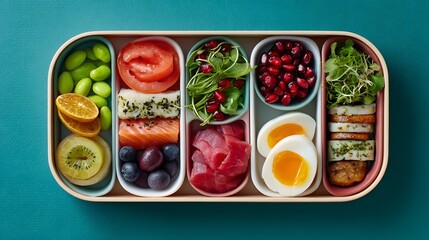 Colorful Healthy Meal Prep Box Featuring Fresh Fruits Vegetables and Protein on Teal Background