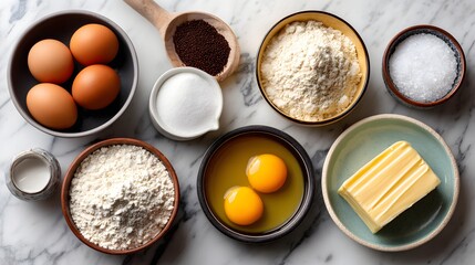 Various Baking Ingredients Including Eggs Flour Sugar Butter and Coffee on a Marble Table